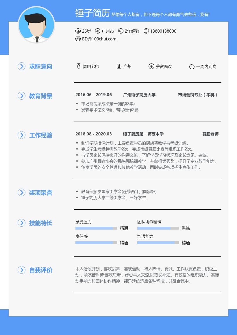 舞蹈老师简历模板