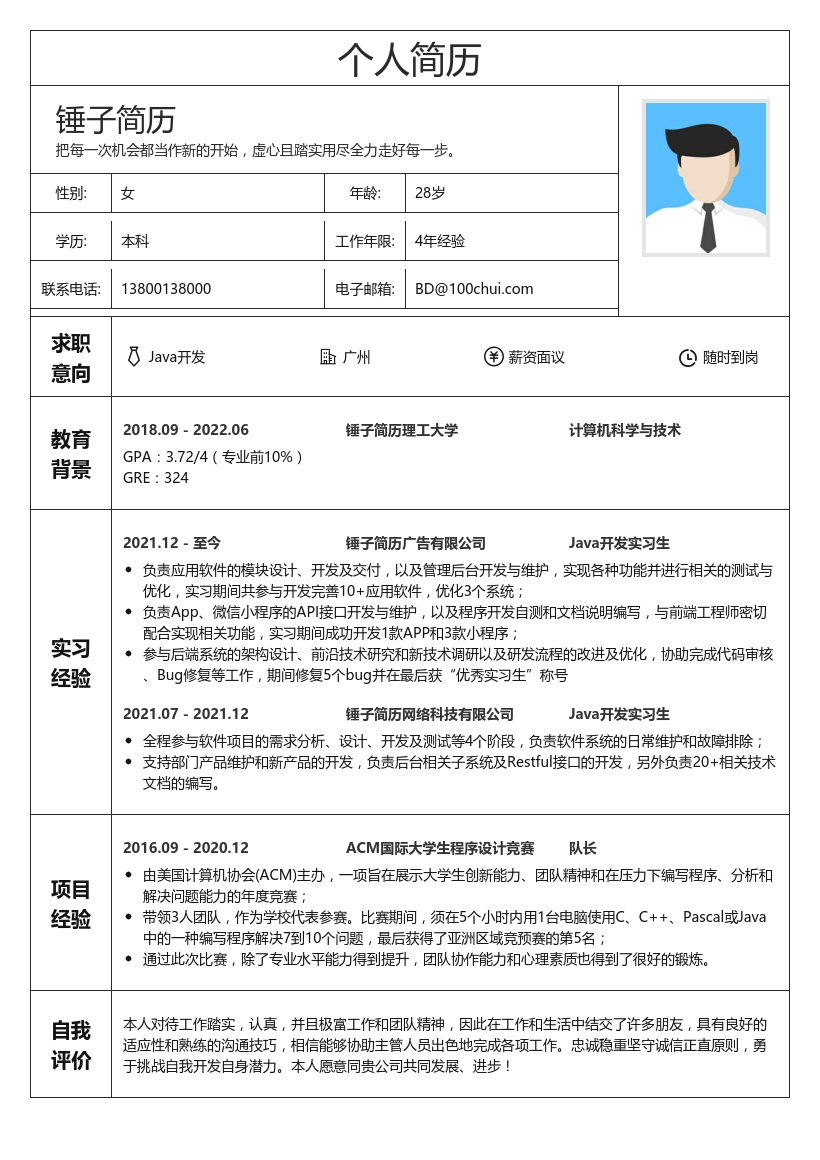 Java实习生简历模板