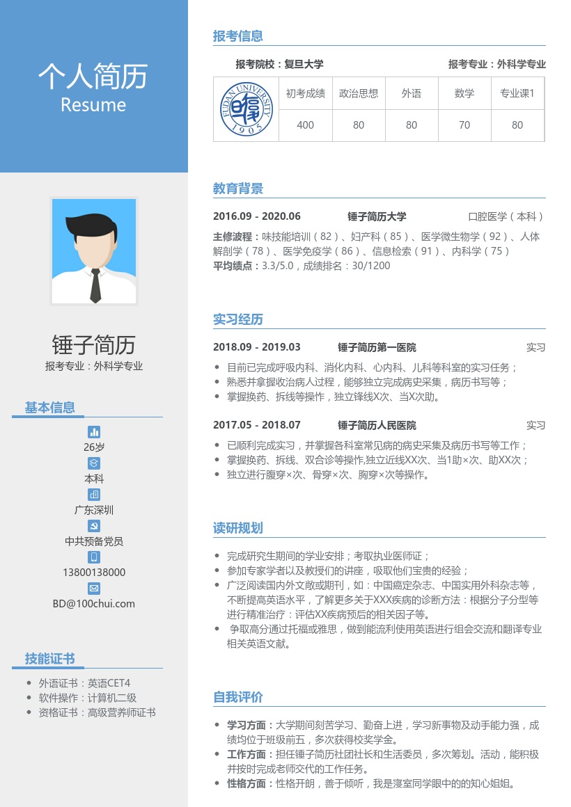 外科学专业复试简历