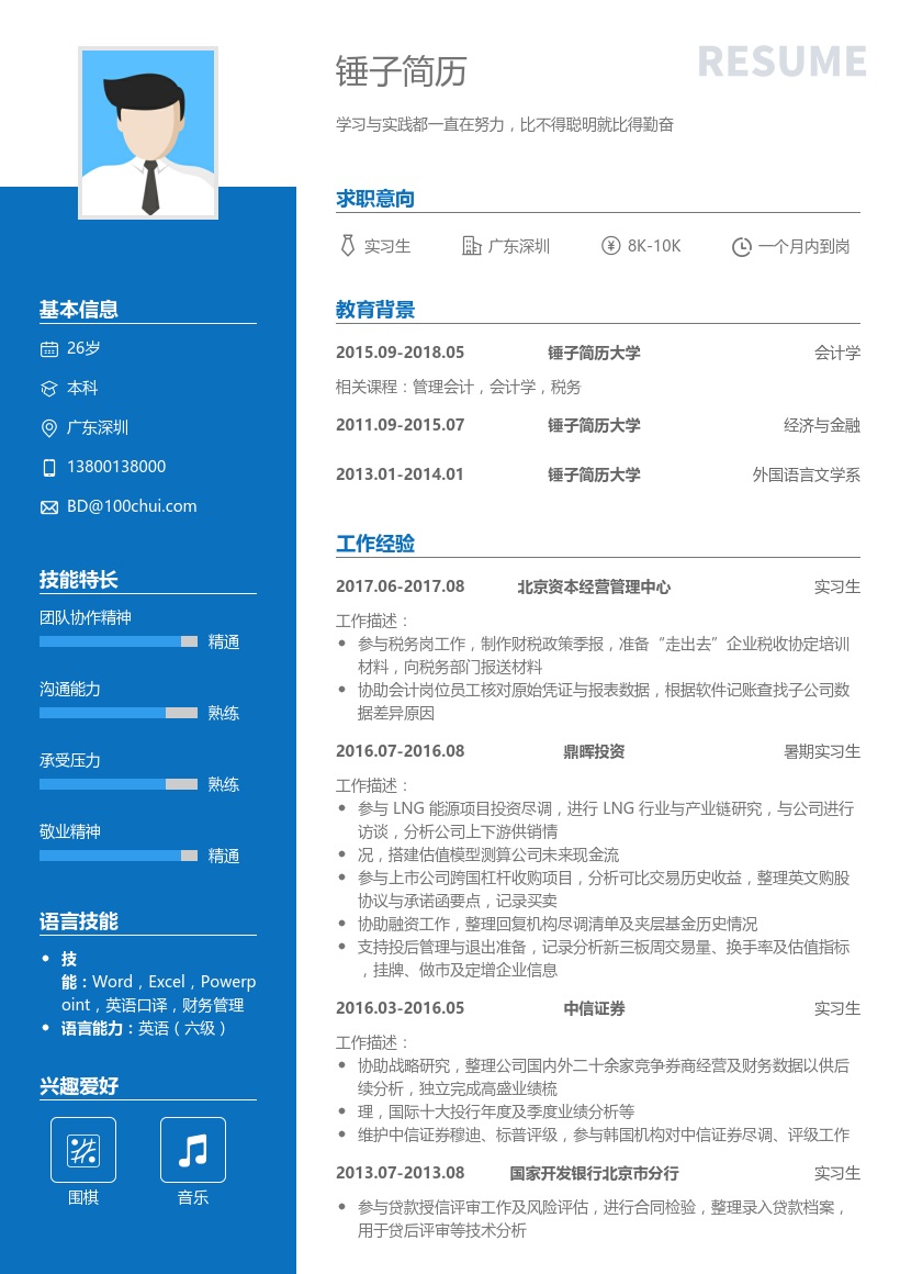 资本经营实习生简历模板