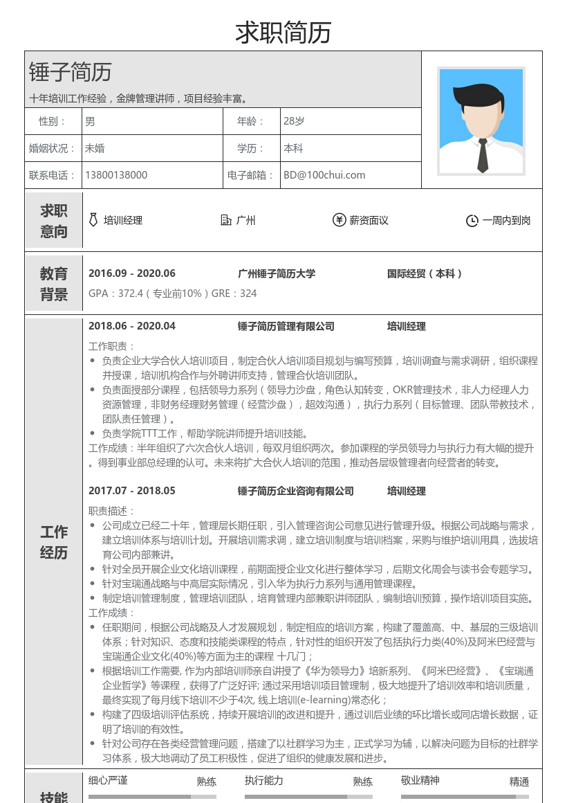 培训经理个人简历
