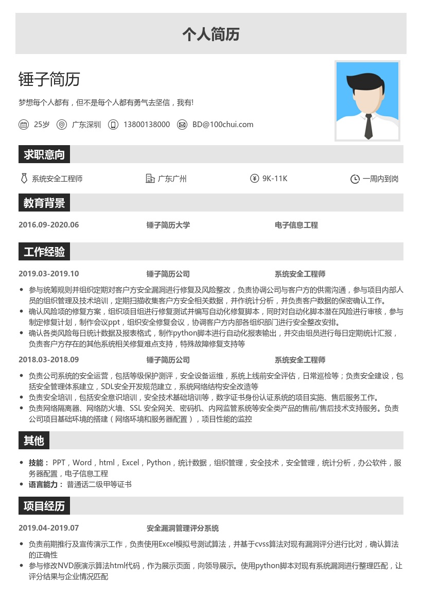 系统安全工程师(应届生)简历模板