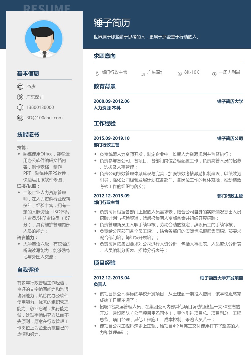 部门行政主管简历模板