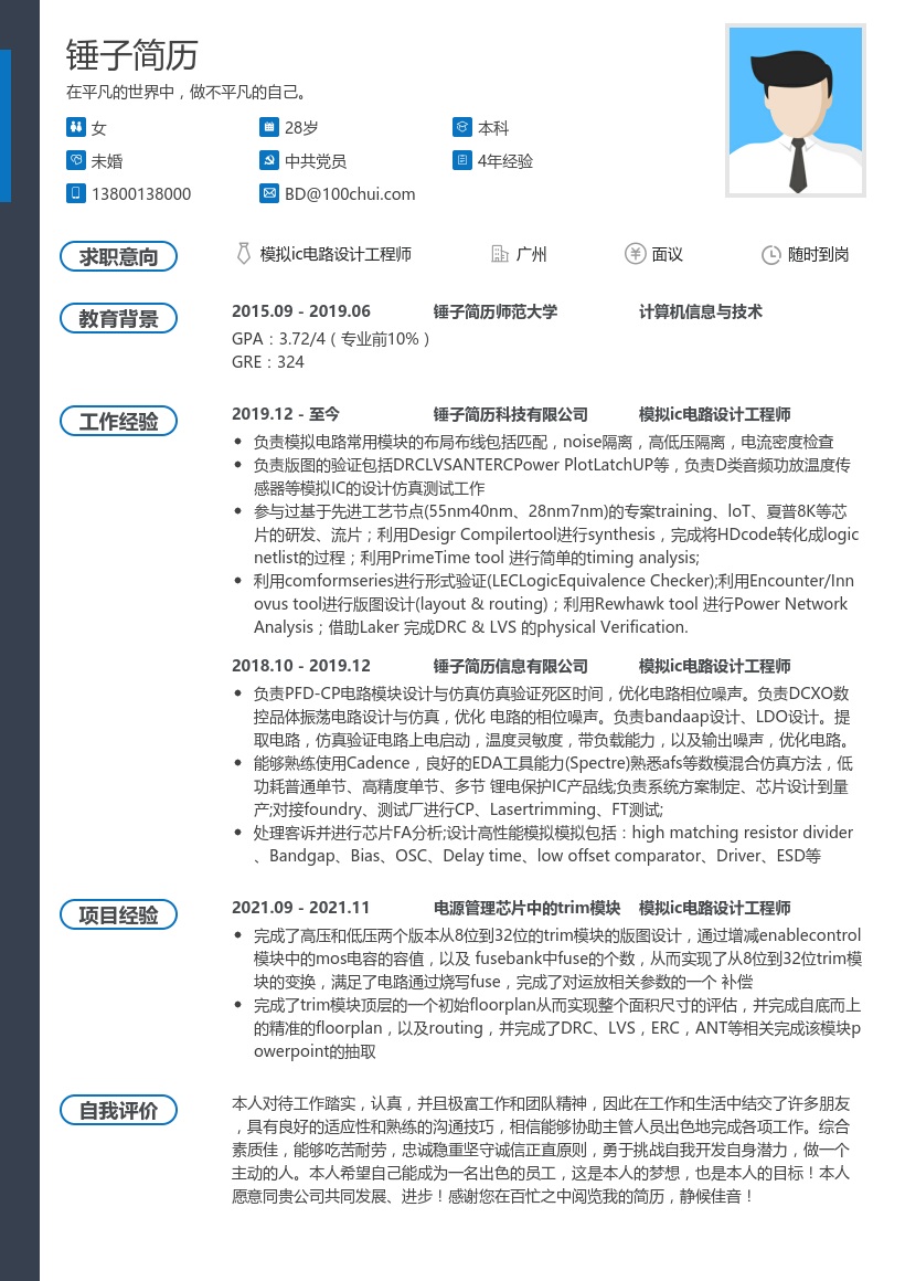 模拟ic电路设计工程师简历