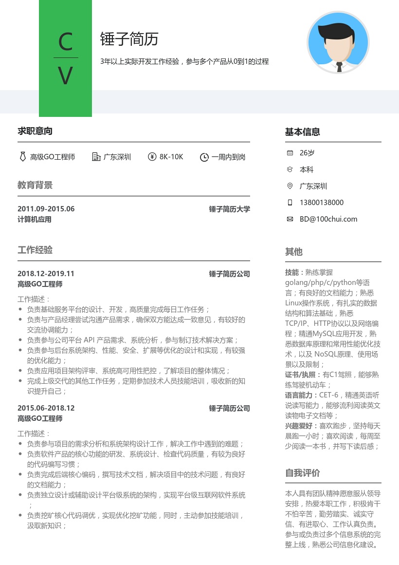 高级GO工程师简历模板