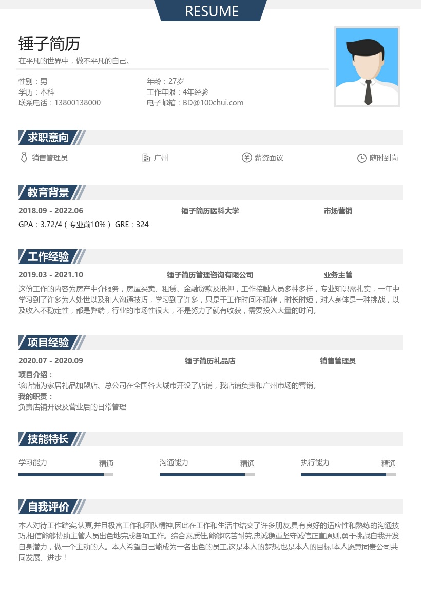 销售管理员求职简历