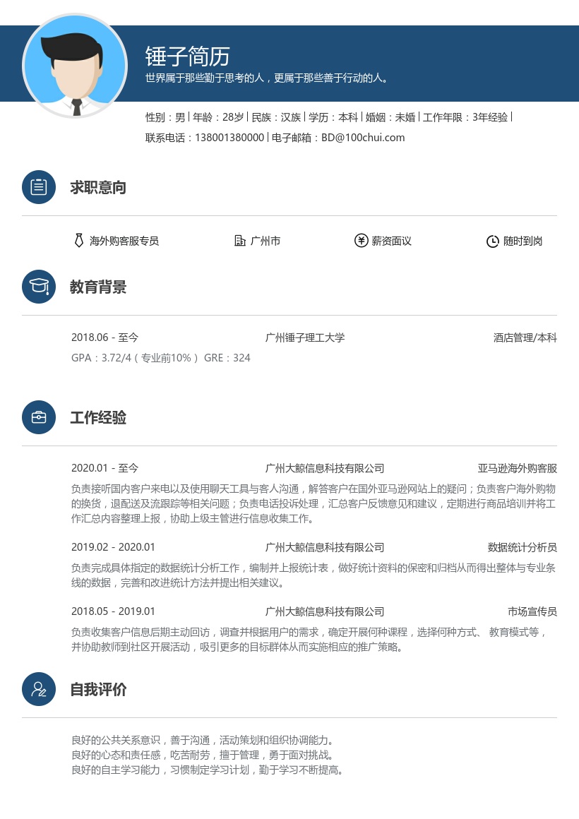 海外购客服专员简历模板