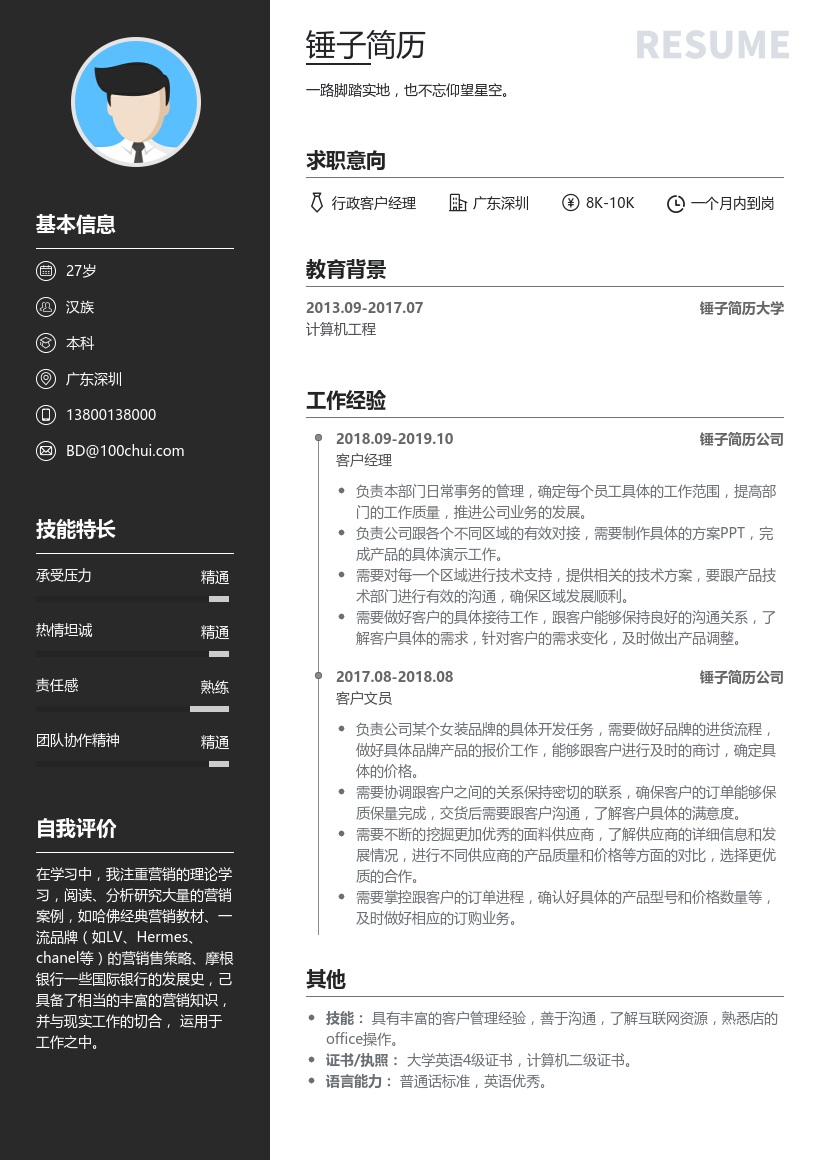 开发部行政经理简历模板