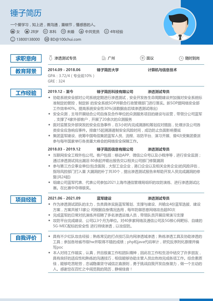 渗透测试专员简历