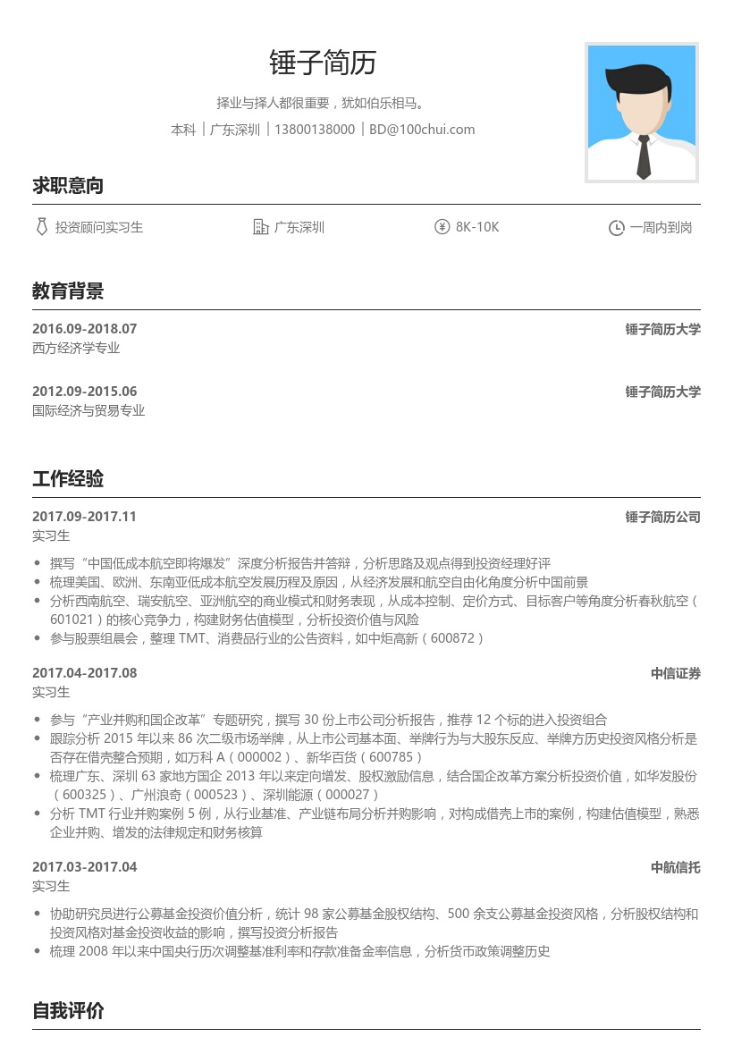 投资顾问求职简历模板(突出工作经历)