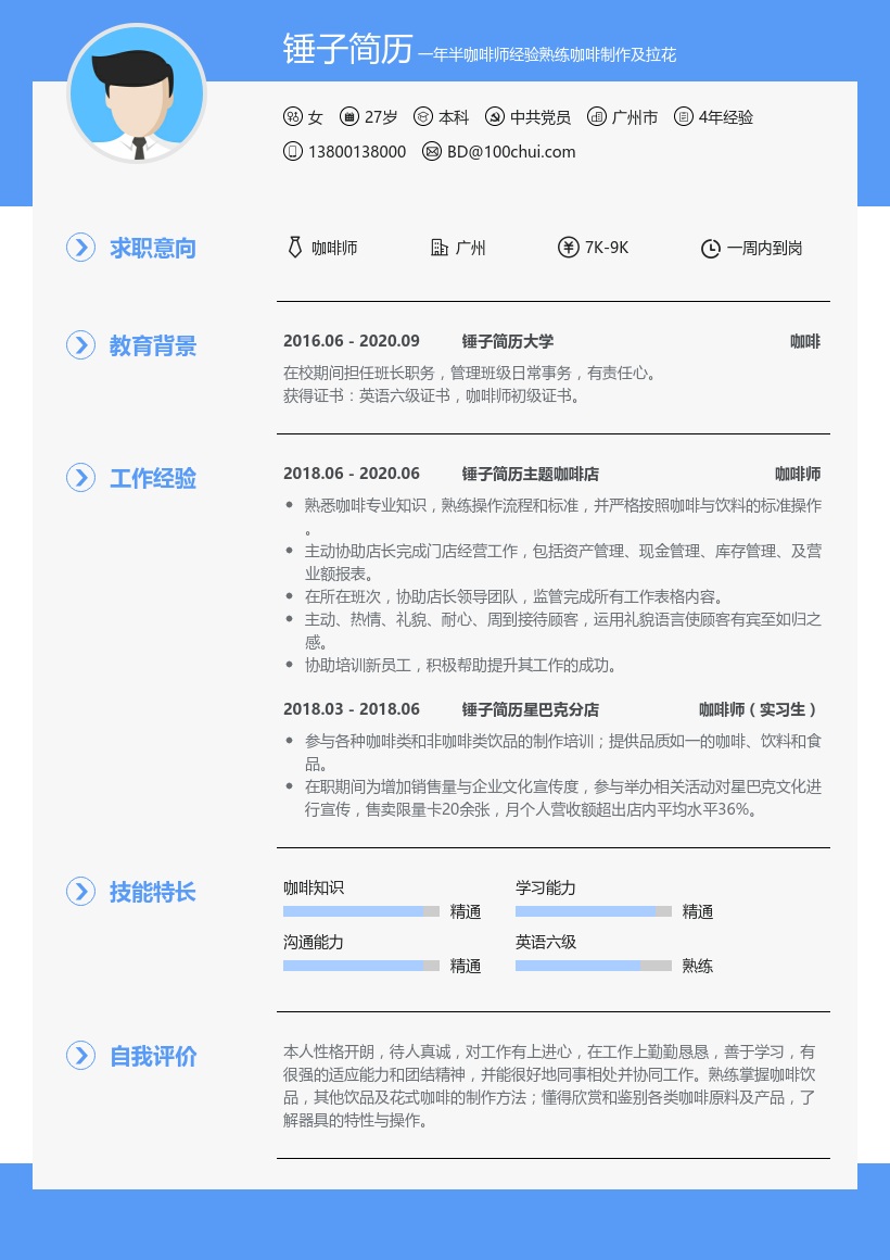咖啡师简历模板