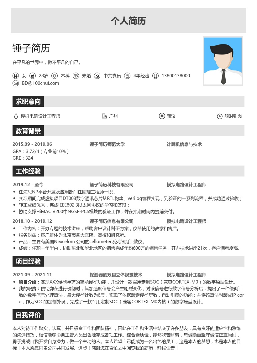 模拟电路设计工程师简历模板
