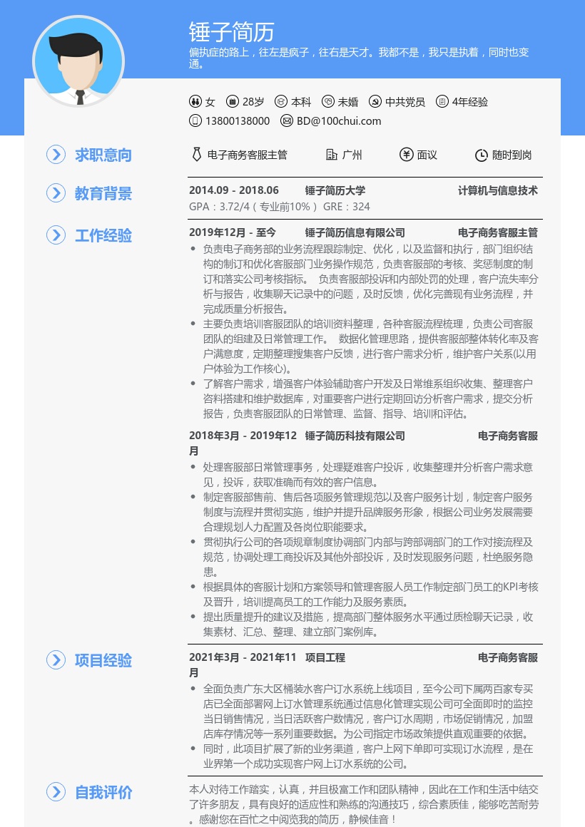 电子商务客服主管简历