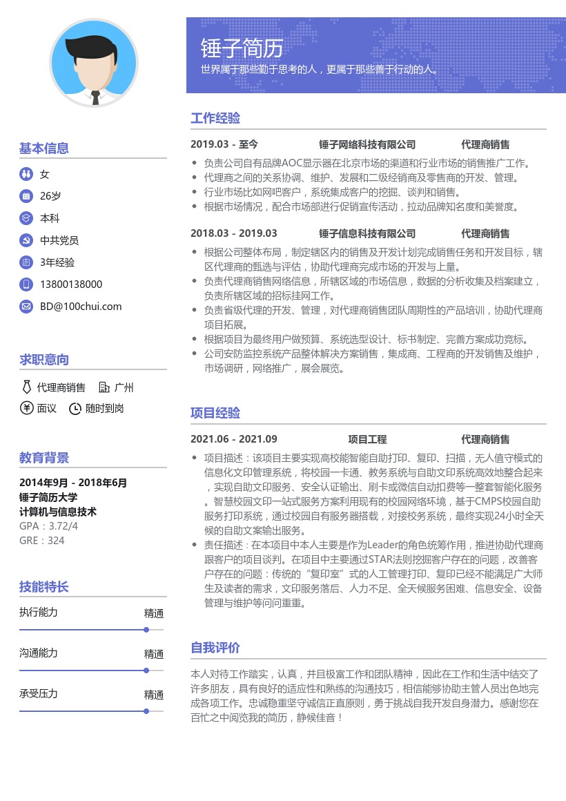 代理商销售个人简历