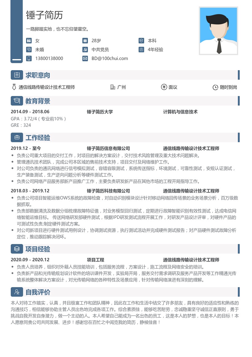通信线路传输设计技术工程师简历