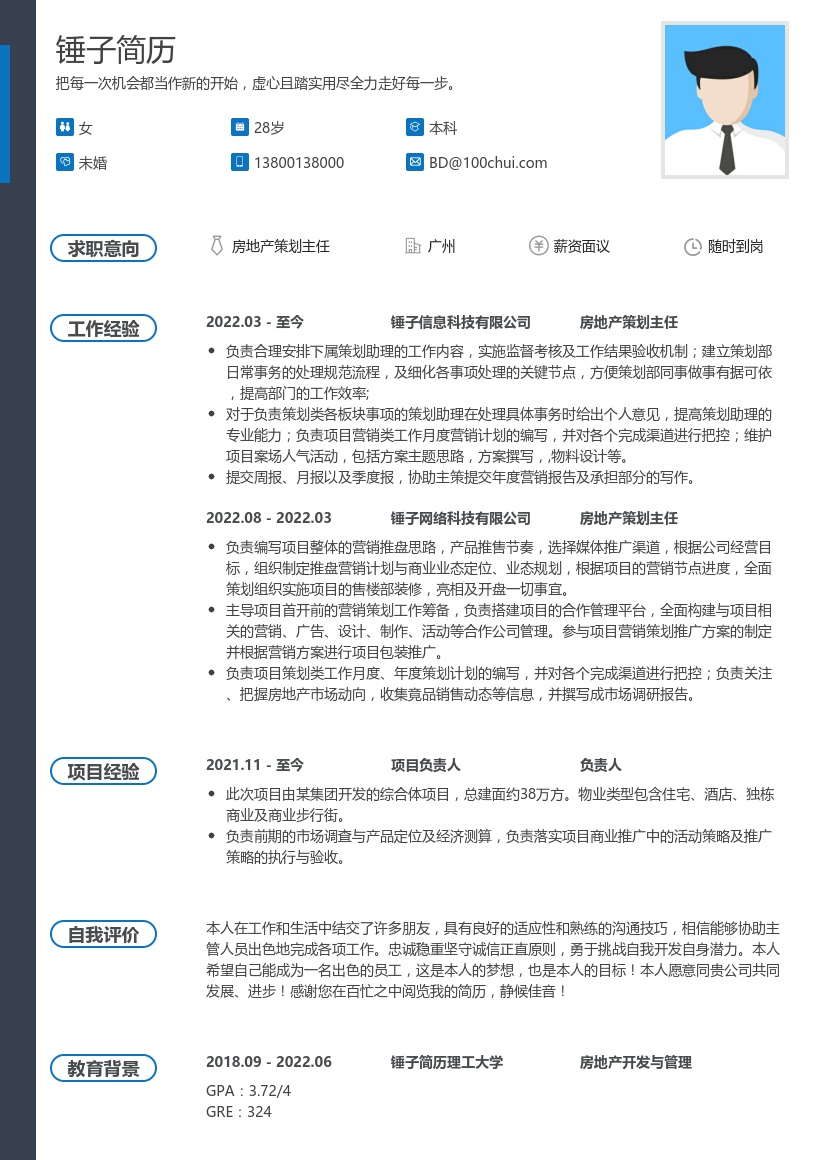 房地产策划主任简历模板