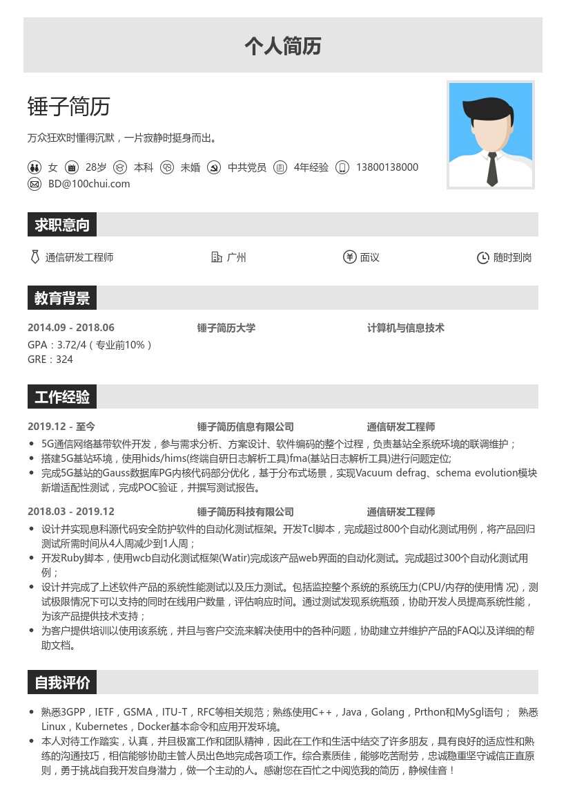 通信研发工程师简历