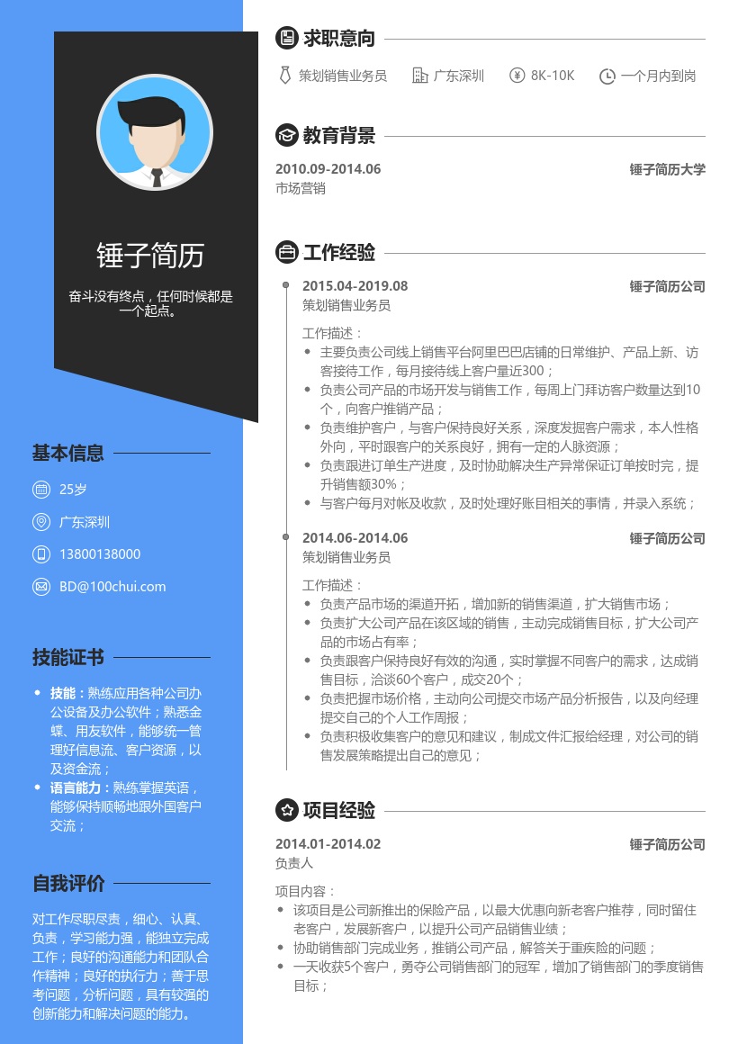 策划销售业务员简历模板