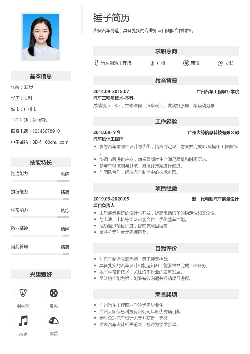 汽车制造简历模板