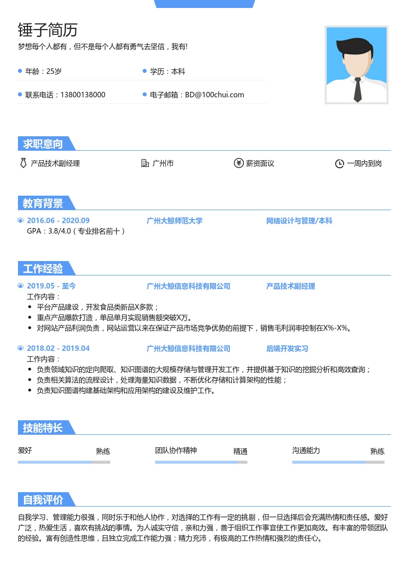 产品技术副经理简历
