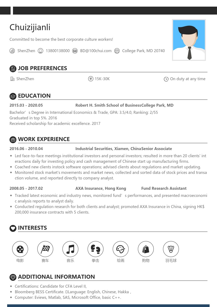 电子类实习个人英文简历