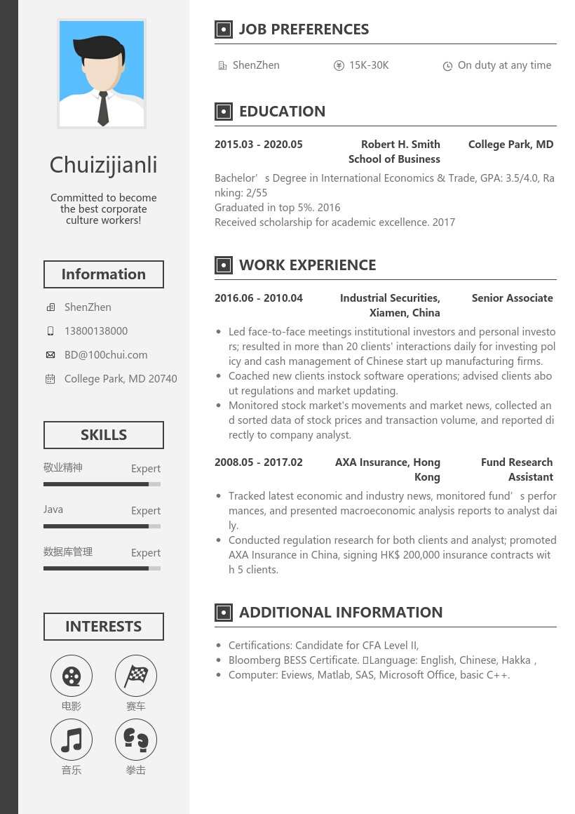 外资银行管培生英文简历模板