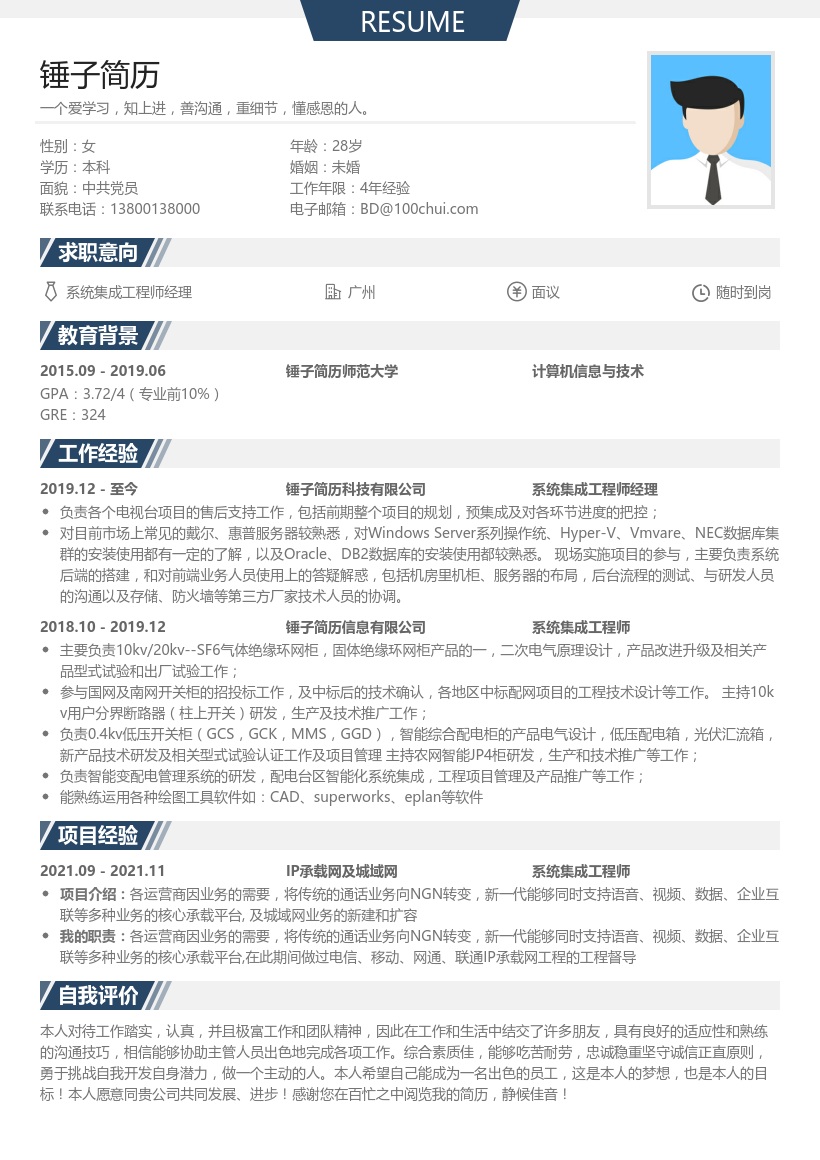 系统集成工程师经理简历