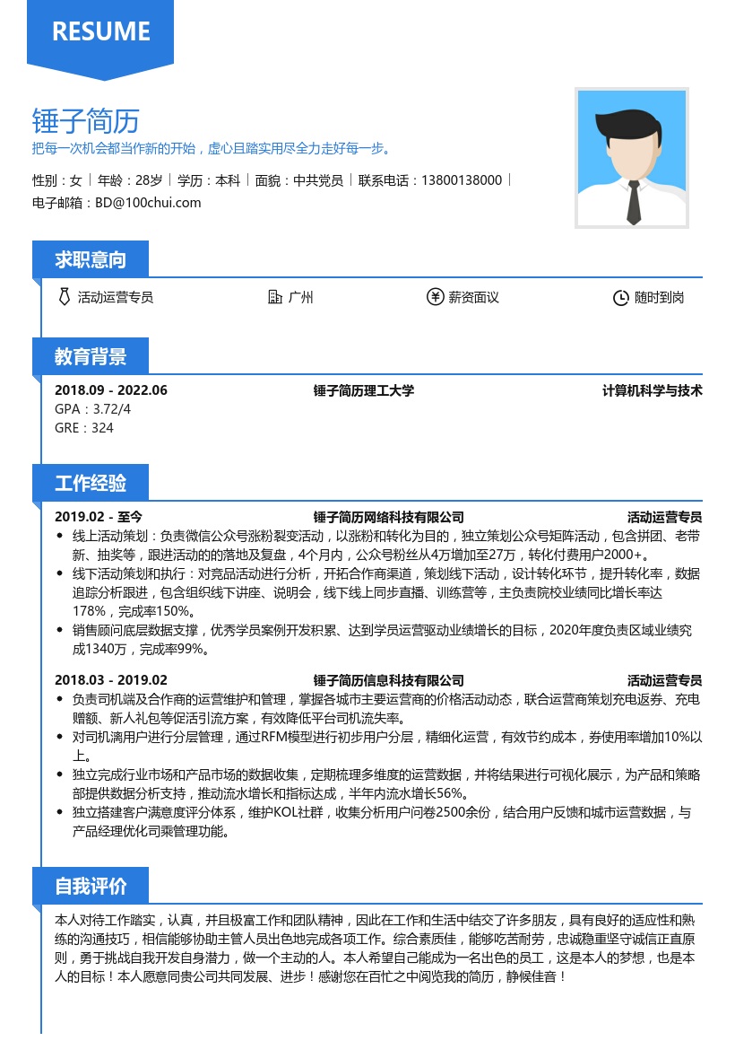 活动运营专员简历模板