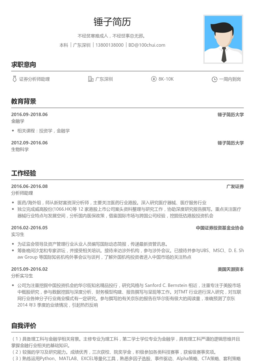 证券分析师简历模板