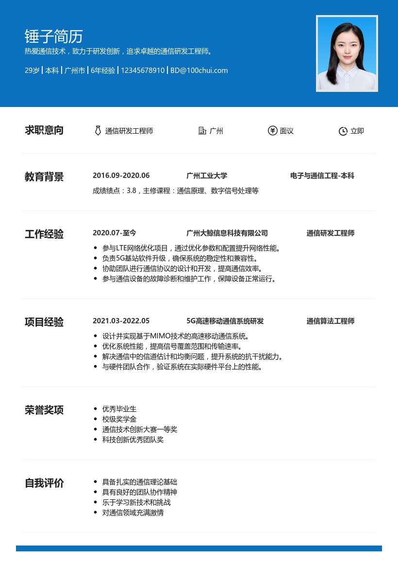 通信研发工程师简历模板