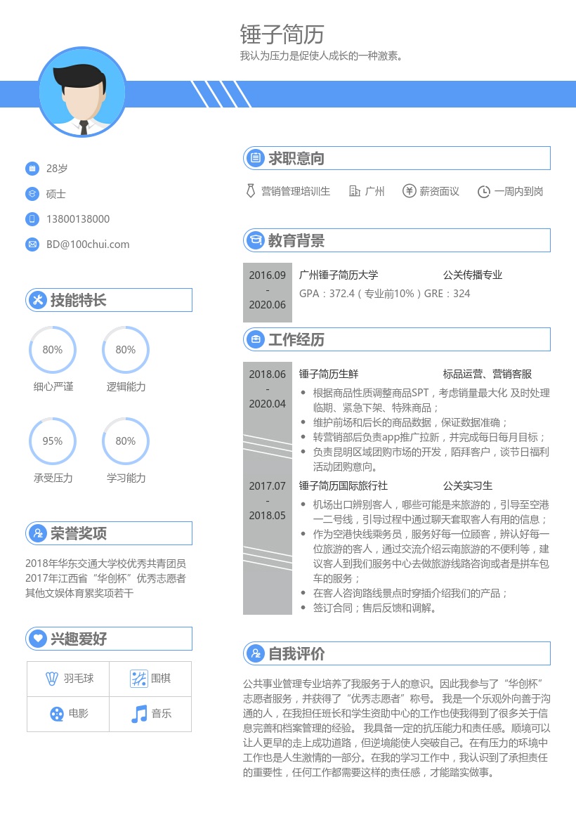 营销管理培训生简历