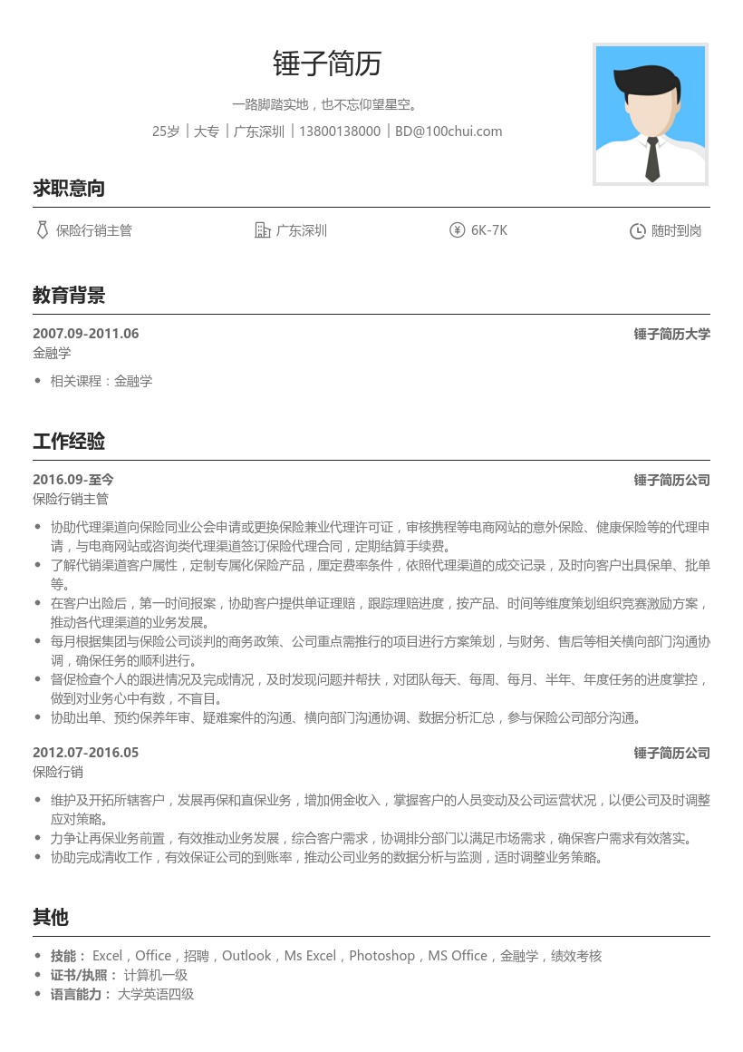 保险行销主管简历模板
