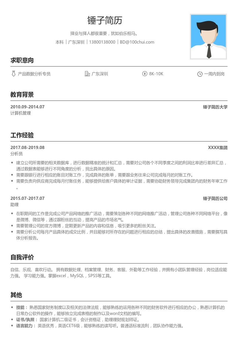 产品数据分析专员简历模板