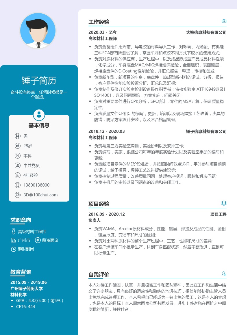 高级材料工程师简历模板