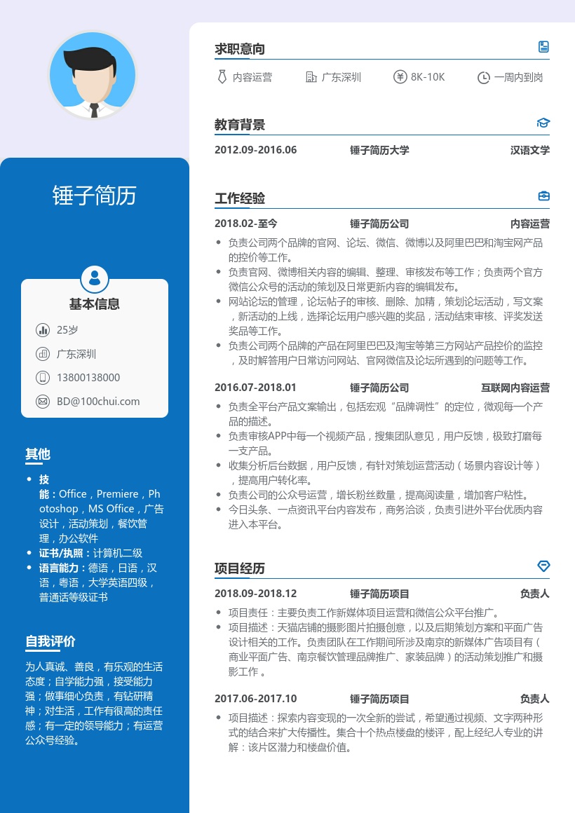 文字内容运营简历模板