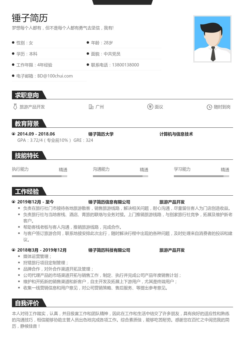 旅游产品开发求职简历