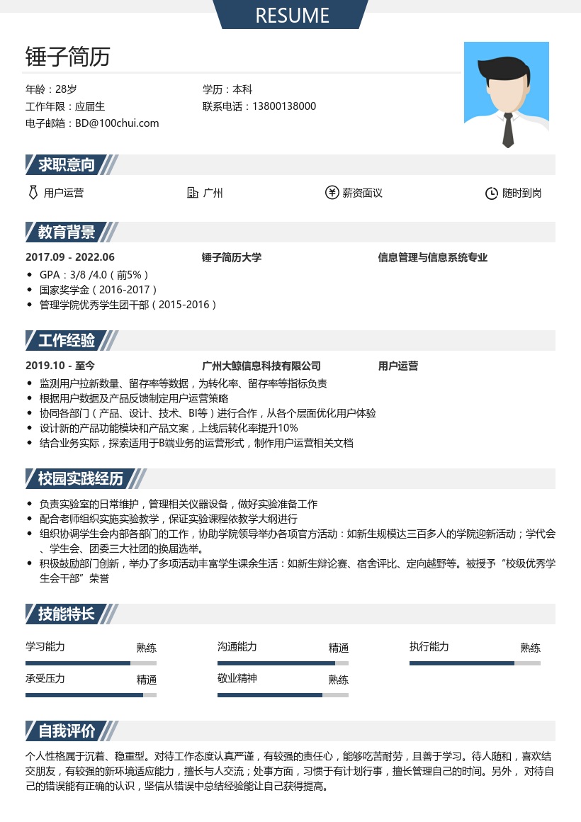 大学生简历模板-用户运营岗