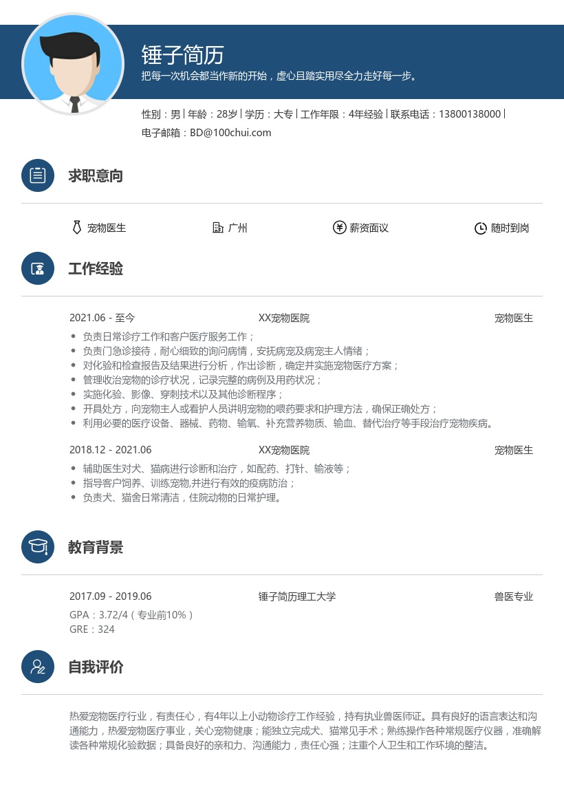 宠物医生简历模板