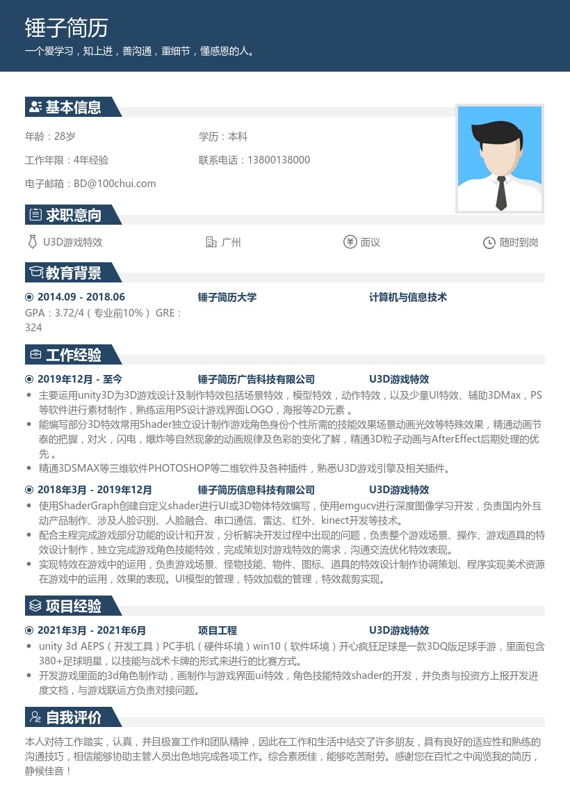 U3D游戏特效简历