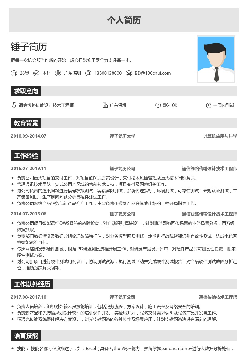 通信线路传输设计技术工程师简历模板