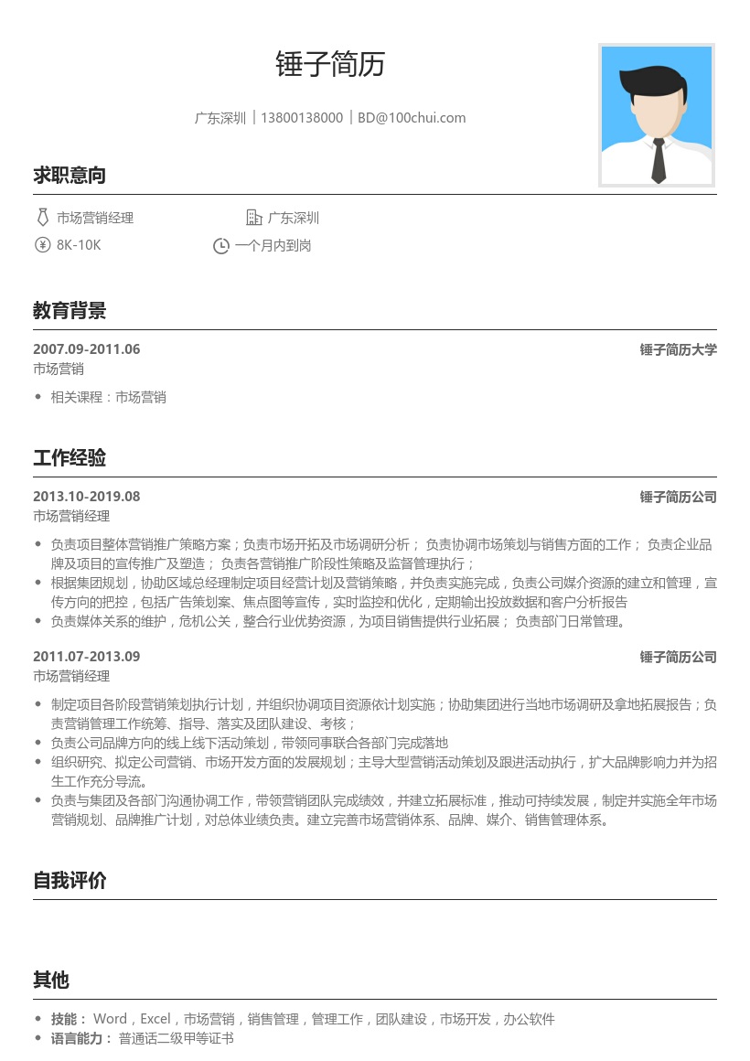 市场营销经理简历模板