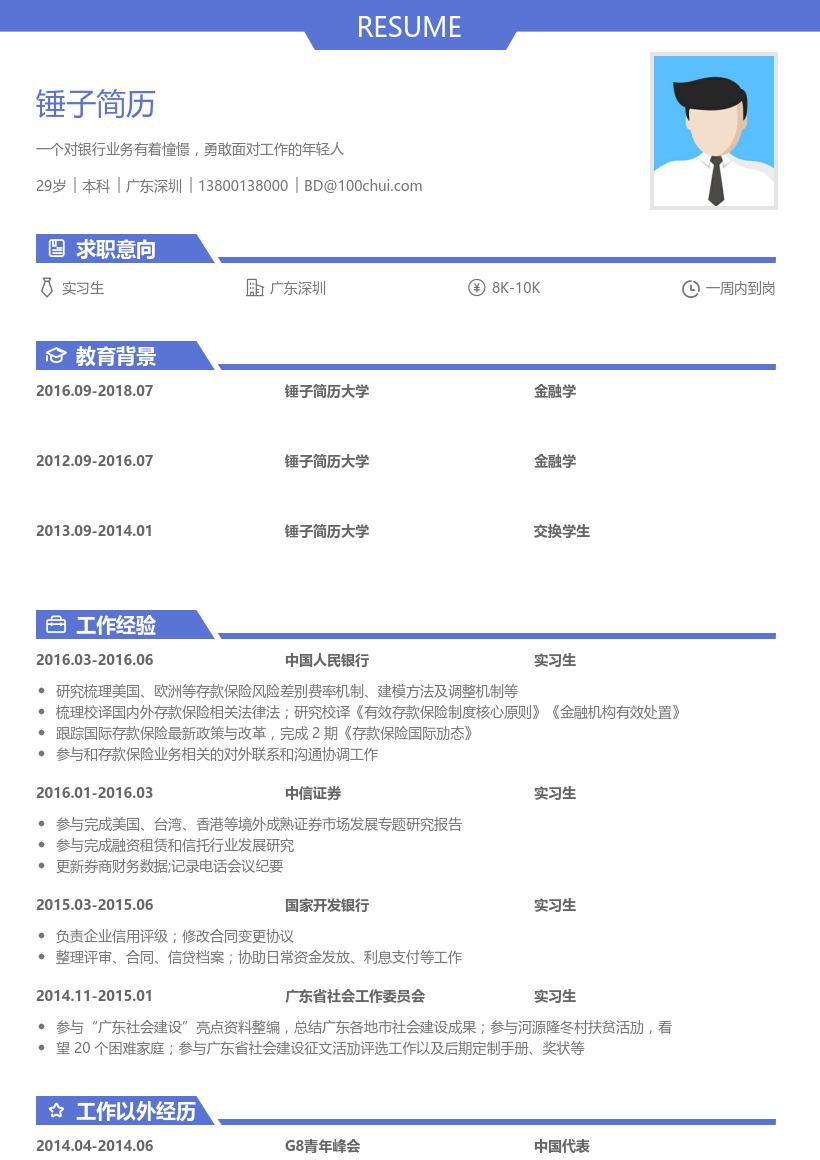 中国人民银行实习生简历模板