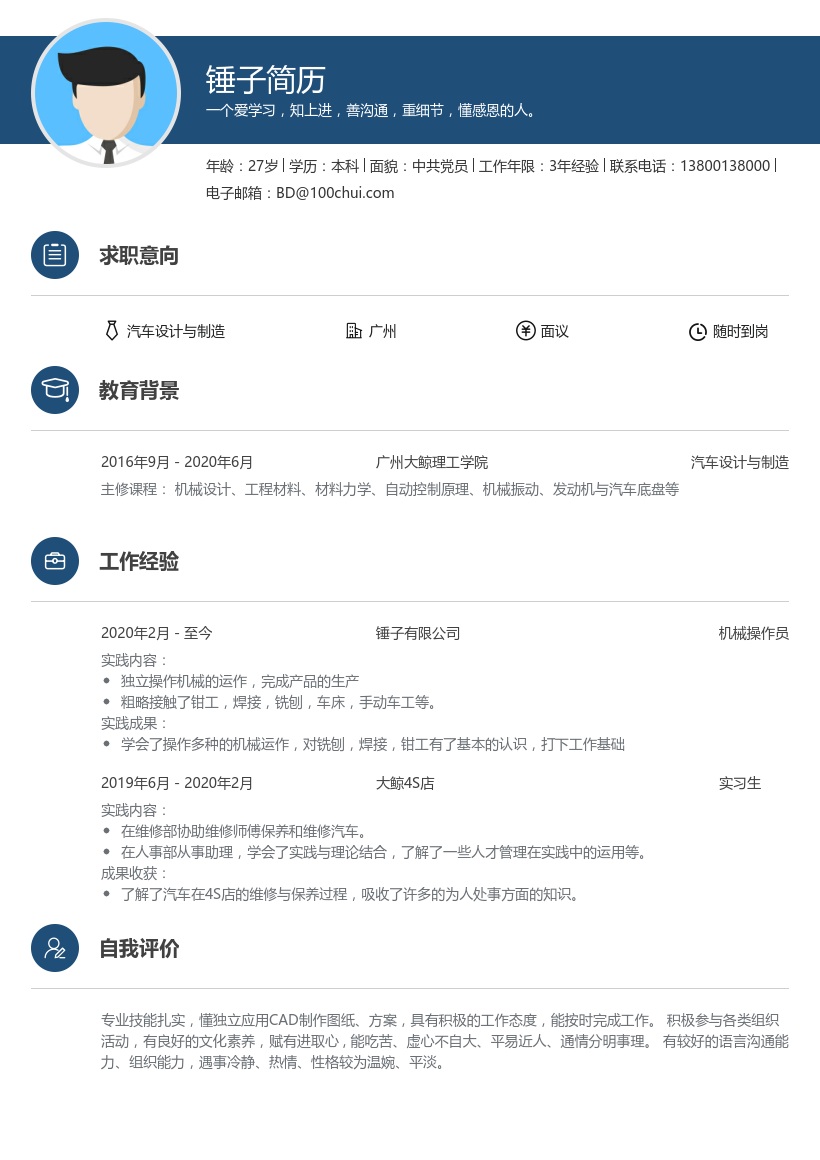 汽车设计与制造简历范文