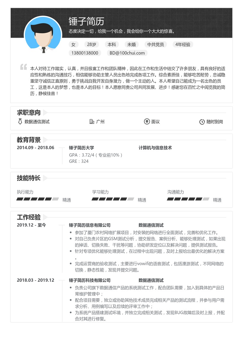 通信测试工程师简历