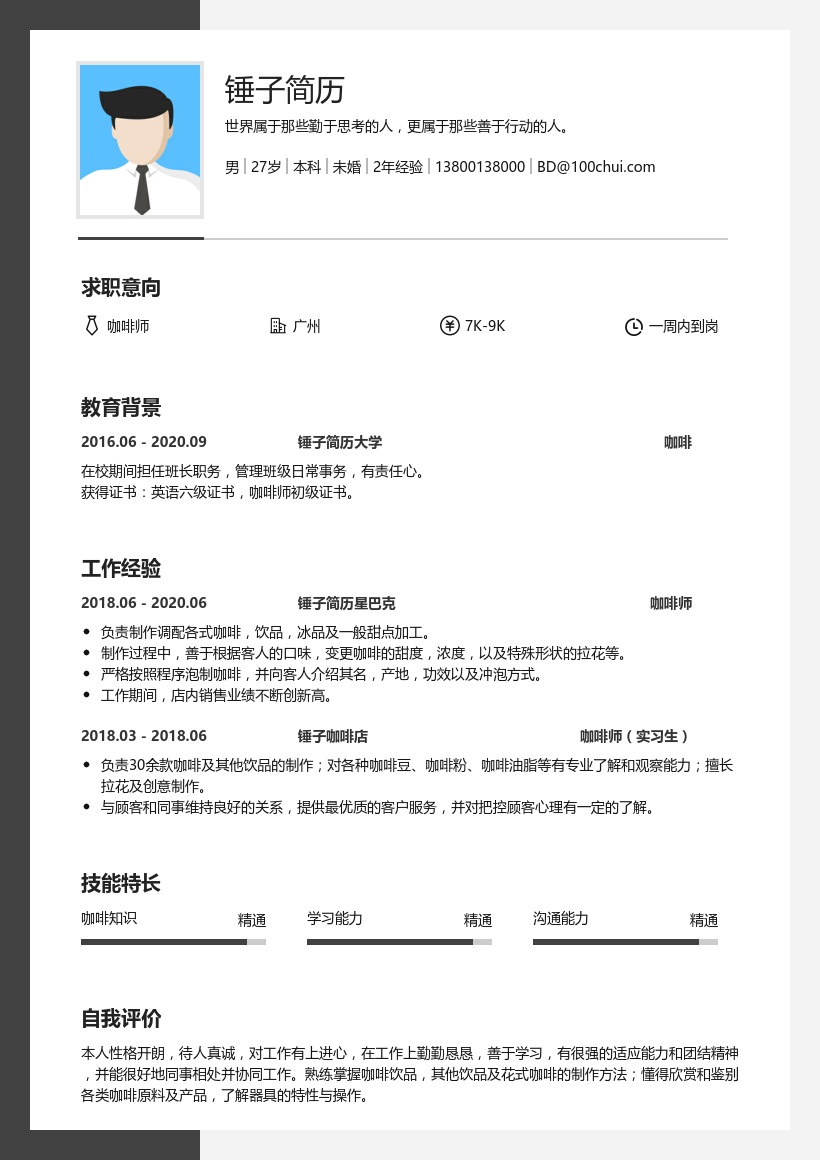 咖啡师简历范文