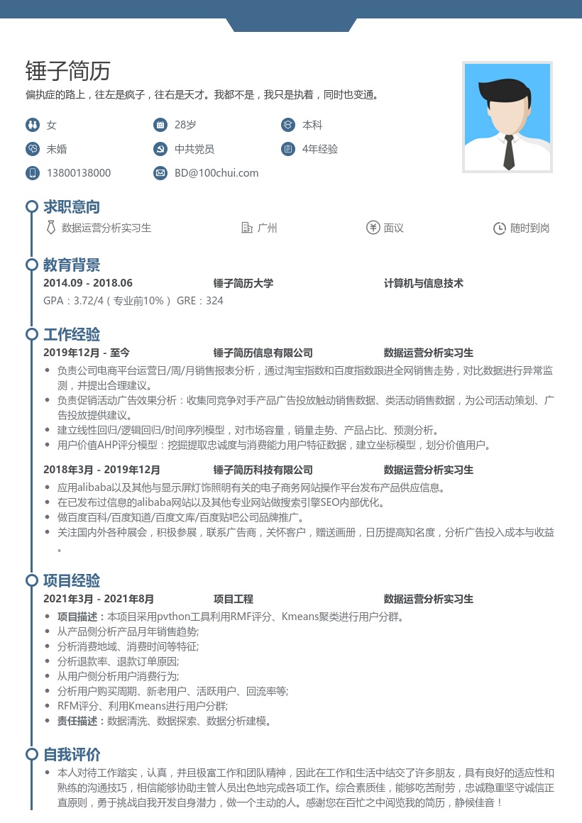 数据运营分析实习生简历