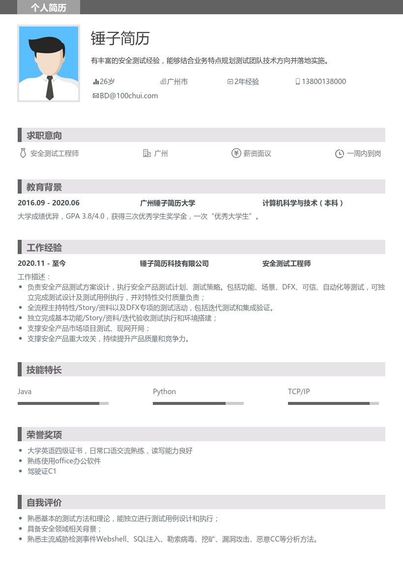 安全测试工程师简历