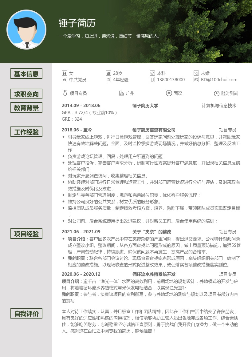 项目专员简历模板