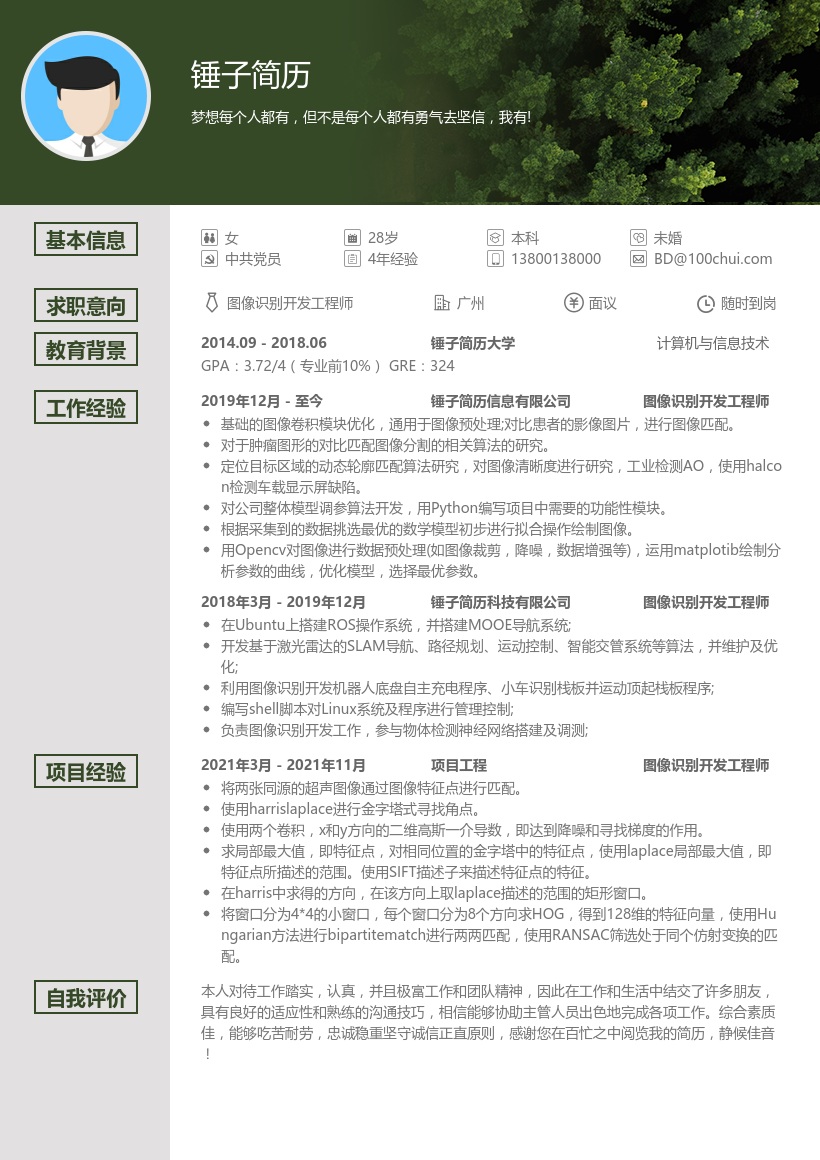 图像识别开发工程师简历