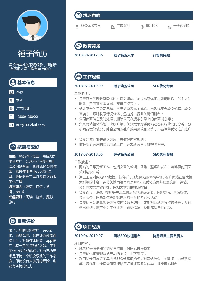 SEO优化专员简历模板